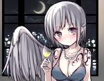  alternate_costume bare_shoulders blush breasts city_lights cityscape cleavage crescent_moon cup dress drinking_glass formal grey_hair grey_wings head_tilt holding holding_cup indoors jewelry kishin_sagume large_breasts looking_at_viewer moon necklace night night_sky purple_eyes shamuichi shy single_wing sky smile solo tattoo touhou window wine_glass wings 
