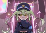  1girl armband astral_express_(honkai:_star_rail) black_hat black_jacket blue_archive blue_armband blush buttons closed_mouth double-breasted green_hair hair_between_eyes hat highlander_twintails_conductor_(blue_archive) honkai:_star_rail honkai_(series) jacket jamongssui long_hair peaked_cap pointy_ears smile solo twintails upper_body yellow_eyes 