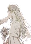  1boy 1girl bouquet bridal_veil closed_mouth collarbone commentary commentary_request dress drop_earrings earrings elf eyelashes flower flower_request frieren from_side highres holding jewelry long_hair long_sleeves monochrome pointy_ears see-through see-through_veil sidelocks smile sousou_no_frieren veil wavy_hair wedding_dress yoichi_hnkn 