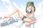  1girl barefoot bikini blue_sky breasts cloud day dzerofive front-tie_bikini_top front-tie_top giant giantess green_eyes green_hair grey_bikini highres kantai_collection long_hair outdoors sky small_breasts solo swimsuit twintails two-tone_bikini zuikaku_(kancolle) 