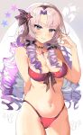  1girl absurdres bikini blush bow breasts choker drill_hair elma07 grey_hair hair_bow hand_up highres hyakumantenbara_salome looking_at_viewer medium_breasts mole mole_on_breast multicolored_hair navel nijisanji parted_bangs purple_eyes purple_hair smile swimsuit virtual_youtuber 