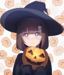  1girl absurdres black_cloak black_hat blue_eyes brown_hair cloak hair_ornament hairclip halloween hat highres hod_(project_moon) jack-o&#039;-lantern library_of_ruina looking_at_viewer madotsuki_ren medium_hair project_moon pumpkin solo witch_hat 