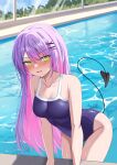  1girl absurdres alternate_costume blue_one-piece_swimsuit blush breasts colored_inner_hair covered_navel demon_girl demon_tail green_eyes hair_ornament hairpin highres hololive iris_angel12xii looking_at_viewer medium_breasts multicolored_hair one-piece_swimsuit open_mouth pink_hair pool purple_hair solo swimsuit tail tokoyami_towa virtual_youtuber water x_hair_ornament 