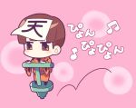  1boy blush brown_eyes brown_hair chibi chibi_only eyelashes full_body japanese_clothes kimono kotorai male_focus marumaru_no_shuyaku_wa_wareware_da! musical_note no_mouth no_nose orange_kimono paper_on_head pink_background pogo_stick roboro short_hair solo wide_sleeves 