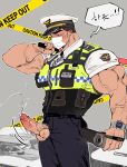  1boy bara biceps black_hair blush bulletproof_vest camera caution_tape cowboy_shot cum ejaculation erection grey_background hat highres holding holding_camera korean_text looking_down male_focus male_pubic_hair mask mature_male mouth_mask muscular muscular_male open_fly original penis police police_hat police_uniform policeman projectile_cum pubic_hair short_hair sideburns simple_background solo speech_bubble tenji_(tenji_89) testicles thick_eyebrows translated uncensored uniform veins veiny_arms walkie-talkie watch wristwatch 