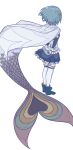  1girl absurdres arms_behind_back blue_hair boots cape fellatio from_behind full_body gloves hair_ornament highres holding_own_arm lin_ye_shi_(cool_face) magical_girl mahou_shoujo_madoka_magica mahou_shoujo_madoka_magica_(anime) miki_sayaka oktavia_von_seckendorff oral pleated_skirt short_hair simple_background skirt solo soul_gem standing thighhighs white_background witch_(madoka_magica) 