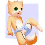  anthro balls black_fur brown_nose canine claws clothing cub cum cute dripping ejaculation flaccid fur green_eyes looking_at_viewer male mammal navel open_mouth penis raised_leg simple_background solo spread_legs spreading steel_cat tan_fur uncut underwear underwear_aside white_background white_fur young 