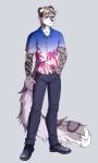 aloha_shirt anime_style anthro arm_tattoo black_clothing black_footwear black_shoes blonde_hair blue_clothing blue_eyes blue_shirt blue_topwear bottomwear clothing denim denim_bottomwear denim_clothing ear_piercing felid fluffy fluffy_tail footwear fur grey_body grey_bottomwear grey_clothing grey_fur grey_jeans grey_pants hair hi_res jeans looking_at_viewer male mammal markings pantherine pants pattern_clothing pattern_shirt pattern_topwear piercing pink_palms rokito serkhio_stil shirt simple_background snow_leopard solo spots spotted_body spotted_fur spotted_markings spotted_tail tail tail_markings tattoo topwear white_background white_body white_clothing white_fur white_shirt white_topwear