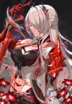  1girl absurdres acheron_(honkai:_star_rail) arm_up belt black_background black_belt black_choker breasts choker cleavage commentary_request electricity flower grey_hair hair_intakes hair_ornament highres holding holding_sword holding_weapon honkai:_star_rail honkai_(series) katana large_breasts long_hair mantianfanxingxiadeyishunjian midriff navel official_alternate_color red_eyes red_flower single_bare_shoulder solo sword upper_body very_long_hair weapon 