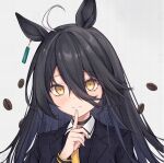  1girl ahoge animal_ears black_eyeliner black_hair coffee_beans earrings eyeliner finger_to_mouth hair_between_eyes highres horse_ears horse_girl jewelry kuro_(kuro_mz4278) long_bangs long_hair long_sleeves looking_at_viewer makeup manhattan_cafe_(umamusume) multicolored_hair necktie shirt single_earring solo umamusume white_background white_hair yellow_eyes yellow_necktie 