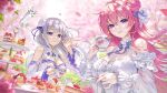 2girls absurdres bare_shoulders bow bowtie breasts cake cake_slice cherry_blossoms cleavage clothing_cutout commentary creature cup day detached_sleeves dorothy_(nikke) dress emilia_(re:zero) falling_petals floating_hair flower flower-shaped_hair food frilled_dress frills gem goddess_of_victory:_nikke green_gemstone hair_between_eyes hair_bun hair_flower hair_intakes hair_ornament hair_ribbon hand_up heartki highres holding holding_cup holding_tray large_breasts long_hair long_sleeves looking_at_viewer multiple_girls outdoors parted_lips petals pink_hair pointy_ears puck_(re:zero) purple_bow purple_bowtie purple_eyes purple_ribbon re:zero_kara_hajimeru_isekai_seikatsu ribbon rose shoulder_cutout sidelocks single_side_bun sitting sleeveless sleeveless_dress smile strawberry_shortcake table teacup tray tree white_dress white_flower white_hair white_rose white_sleeves x_hair_ornament 