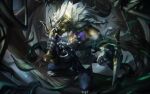  1boy absurdres bara blue_eyes braid claws commentary full_body furry furry_male glowing glowing_eye highres holding holding_sword holding_weapon leaf league_of_legends looking_at_viewer magic male_focus open_mouth rengar sharp_teeth solo sword teeth weapon yed_(yedsilent) 