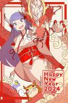  1girl chinese_zodiac claws dated dragon dragon_horns dutch_angle eastern_dragon fake_horns glasses happy_new_year highres horns japanese_clothes kimono long_hair looking_at_viewer obi ohayougirl open_mouth original purple_hair rectangular_eyewear red_sash sash sharp_teeth standing teeth upper_teeth_only white_kimono whorled_clouds wide_sleeves year_of_the_dragon 