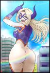  1girl ass back blonde_hair bodysuit boku_no_hero_academia breasts building chris_re5 city domino_mask elbow_gloves eye_mask giant giantess gloves horns large_breasts long_hair looking_back mask masked mount_lady purple_eyes purple_horns purple_mask skin_tight solo superhero_costume thighhighs 