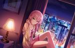  alternate_hairstyle artist_request bangs bare_legs blush breasts building city cleavage curtains desk_lamp dutch_angle eyelashes hair_between_eyes hair_down hand_in_hair hand_on_leg hand_up head_tilt horizon idolmaster idolmaster_cinderella_girls idolmaster_cinderella_girls_starlight_stage indoors jougasaki_mika jpeg_artifacts knee_up lamp long_hair looking_at_viewer medium_breasts night night_sky nightgown official_art picture_frame pink_hair sitting sitting_in_window sky skyscraper smile solo tsurime window yellow_eyes 