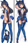  1girl alice_gear_aegis ass black_hair blue_eyes blush boots breasts cameltoe covering_ass covering_privates dakimakura_(medium) elbow_gloves gloves headgear koashi_mutsumi leotard long_hair looking_at_viewer multiple_views nude sasayuki small_breasts smile thigh_boots thigh_gap 