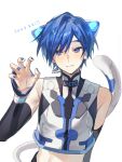  1boy 2023 :3 animal_ear_headphones animal_ears blue_eyes blue_hair blue_nails blush cat_ear_headphones character_name chinese_commentary claw_pose commentary_request crop_top cropped_torso dated detached_sleeves fake_animal_ears hair_between_eyes hand_up headphones highres kaito_(vocaloid) kazemi_arashi light_smile long_sleeves looking_to_the_side male_focus microphone nail_polish neko_cyber_(module) simple_background smile tail upper_body vocaloid white_background white_tail wrist_cuffs 