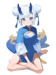  1girl alternate_costume blue_dress china_dress chinese_clothes cleavage_cutout clothing_cutout double_bun dragon_tail dress flat_chest full_body gawr_gura hair_bun highres hololive hololive_english horns short_dress simple_background tail white_background white_hair wuju_(1198979953) 