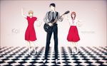  2girls akaashi_keiji black_hair blonde_hair brown_hair cosplay dancing guitar haikyuu!! highres hoshino_gen hoshino_gen_(cosplay) instrument koi_dance kokeshi_ya long_hair multiple_girls necktie shirofuku_yukie short_hair song_name suzumeda_kaori 