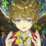  blue_eyes brown_hair coat expressionless floating_hair green_eyes jari_(jyarijyari999) le_petit_prince male_focus necktie open_mouth original planet shirt sky solo sparkle sparkle_background star star_(sky) white_shirt 