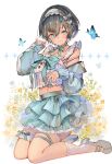  1girl aqua_bow aqua_eyes aqua_nails aqua_skirt arm_up black_hair bow bug butterfly closed_mouth commentary commission cross-shaped_pupils flower frilled_skirt frills grey_footwear hair_flower hair_ornament hairband hairclip heart heart_hair_ornament highres kemomin_nosuke layered_skirt looking_at_viewer mary_janes midriff nail_polish navel original shoes short_hair skirt socks solo squatting star_(symbol) star_hair_ornament symbol-shaped_pupils white_socks 