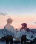  1boy 1girl arm_behind_head cloud collared_shirt from_behind hair_flowing_over holding_hands long_hair long_sleeves looking_at_viewer ocean original pants purple_hair shirt short_hair sunset upper_body white_hair white_shirt yukihomu 