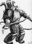 anthro armor battlecry black_and_white bodily_fluids bone chain chaos_space_marine drugs head_scar hi_res holding_object holding_weapon hyena long_tongue lucius_the_eternal machine male mammal melee_weapon monochrome mutation open_mouth pauldron power_armor sabre_(weapon) saliva scar shoulder_pads simple_background skull solo spiked_whip spikes susan_van_camp tongue tube warhammer_(franchise) warhammer_40000 weapon whip white_background yelling