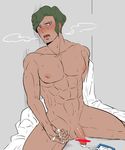  1boy abs bara cum exhausted flaccid flat_color male_focus masturbation muscle nipples nude partially_colored pecs penis sitting solo steam testicles 