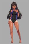  arata competition_swimsuit dark-skinned_female dark_skin genderswap genderswap_(mtf) grey_background highleg highres long_hair one-piece_swimsuit original simple_background swimsuit tan tanlines thighs yellow_eyes 