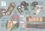  1girl armor arrow_(symbol) blue_background bracer brown_eyes brown_gloves brown_hair buckle chest_harness commentary cropped_torso decoponmagi elbow_gloves final_fantasy final_fantasy_vii final_fantasy_vii_rebirth final_fantasy_vii_remake fingerless_gloves gloves green_sweater hair_between_eyes harness highres multiple_views pauldrons pointing pointing_at_viewer reference_sheet short_hair shoulder_armor simple_background single_pauldron sleeveless sleeveless_turtleneck sweater turtleneck turtleneck_sweater waving yuffie_kisaragi 