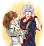  1boy 1girl blue_eyes blush brown_hair couple devil_may_cry_(series) devil_may_cry_4 dress highres holding hood kyrie long_hair male_focus nero_(devil_may_cry) open_mouth ponytail smile white_hair yse5959 