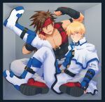  2boys akipantarei_(akipa) belt blonde_hair blue_eyes blush brown_hair collarbone covered_abs fingerless_gloves gloves guilty_gear hair_between_eyes headband highres ky_kiske long_hair male_focus multiple_boys muscular muscular_male pectoral_cleavage pectorals ponytail short_hair sol_badguy spiked_hair trapped yellow_eyes 