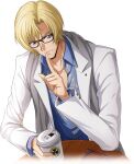  1boy artist_request black-framed_eyewear blonde_hair blue_eyes blue_shirt book casual closed_mouth code_geass code_geass:_lost_stories coffee collarbone collared_shirt cup disposable_cup drink finger_to_mouth game_cg glasses grey_scarf hand_up happy holding holding_cup holding_drink index_finger_raised jacket layered_sleeves long_sleeves looking_at_viewer male_focus non-web_source official_art open_clothes open_jacket scarf schneizel_el_britannia shirt short_hair shushing sidelocks simple_background sitting smile solo table transparent_background upper_body white_jacket 