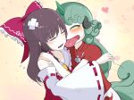  2girls ascot bandaid bandaid_on_head blush bow brown_hair closed_eyes cloud_print commentary_request crossed_bandaids curly_hair detached_sleeves frilled_bow frilled_hair_tubes frills green_hair hair_bow hair_tubes hakurei_reimu heart hidden_star_in_four_seasons horns hug kariyushi_shirt komainu komainu_ears komano_aunn licking long_hair monadmandara multiple_girls open_mouth red_bow red_shirt ribbon-trimmed_sleeves ribbon_trim shirt short_sleeves shorts single_horn smile tears touhou white_shorts yellow_ascot 