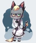  1boy absurdres animal_crossing apron bell blonde_hair blush broom cat_boy closed_mouth crossdressing dress frilled_apron frilled_dress frills full_body furry furry_male green_eyes grey_background heterochromia highres holding holding_broom long_sleeves maid male_focus male_maid orange_eyes raymond_(animal_crossing) short_hair solo standing sweatdrop tail tail_bell tail_ornament white_apron yed_(yedsilent) 