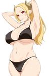  adjusting_hair armpits arms_up bikini black_bikini blonde_hair blush breasts commentary_request copyright_request horns large_breasts long_hair navel obmas_(pfeito) ponytail red_eyes simple_background smile solo swimsuit tying_hair white_background 