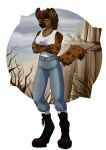 absurd_res anthro brown_body clothed clothing digital_media_(artwork) female fluffy fluffy_tail fur hi_res hyena looking_at_viewer mammal rinkamo solo tail