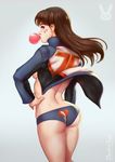  ass back back-print_panties breasts brown_hair bubble_blowing chewing_gum d.va_(overwatch) dandon_fuga from_behind gradient gradient_background grey_background hand_on_hip heart heart_panties heart_print jacket jpeg_artifacts long_hair looking_at_viewer looking_back medium_breasts no_bra no_pants no_shirt overwatch panties print_panties sideboob solo underwear whisker_markings 