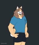  2021 absurd_res anthro artist_name blue_clothing blue_shirt blue_t-shirt blue_topwear bottomwear brown_eyes brown_hair canid canine canis clothed clothing countershading cross-eyed digital_media_(artwork) domestic_dog fur grey_background hair hi_res long_hair male mammal melaisen multicolored_body multicolored_fur open_mouth open_smile portrait shiba_inu shirt shorts simple_background smile solo spitz standing t-shirt tan_body tan_fur three-quarter_portrait three-quarter_view topwear two_tone_body two_tone_fur white_body white_countershading white_fur 