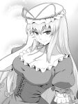  1girl breasts choker cleavage collarbone commentary_request greyscale hat hat_ribbon highres kakone large_breasts long_hair looking_at_viewer mob_cap monochrome ribbon short_sleeves solo touhou upper_body yakumo_yukari 