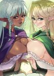  2girls asymmetrical_docking blonde_hair blush braid braided_sidelock breast_press breasts cleavage cloak dark-skinned_female dark_elf dark_skin elf eltolinde green_cloak green_eyes highres large_breasts long_hair looking_at_viewer multiple_girls negresco open_mouth pointy_ears purple_cloak red_eyes rosalinde_(unicorn_overlord) siblings side_braids sisters sketch smile sweat unicorn_overlord very_long_hair 