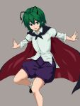  1girl antennae black_cape black_footwear cape commentary_request green_eyes green_hair grey_background highres kakone looking_at_viewer open_mouth puffy_shorts shirt short_hair short_sleeves shorts simple_background smile socks solo touhou white_shirt white_socks wriggle_nightbug 