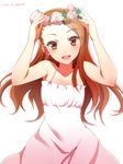  brown_eyes brown_hair collarbone dress head_wreath idolmaster idolmaster_(classic) long_hair looking_at_viewer minase_iori ookami_maito open_mouth signature simple_background solo sundress white_background white_dress 