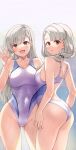  2girls ass ass_visible_through_thighs asymmetrical_bangs bare_back bare_shoulders black_ribbon blue_eyes blush braid braided_bangs breasts collarbone competition_swimsuit covered_navel grey_hair hair_over_shoulder hair_ribbon highleg highleg_swimsuit highres hisakawa_hayate hisakawa_nagi idolmaster idolmaster_cinderella_girls large_breasts long_hair looking_at_viewer mk_(mod0) multiple_girls one-piece_swimsuit open_mouth red_eyes ribbon siblings sisters small_breasts smile standing swimsuit twins wet 