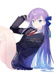  1girl blue_eyes blue_ribbon breasts coffeekite fate/extra fate/extra_ccc fate/grand_order fate_(series) hair_ribbon highres jacket long_hair long_sleeves looking_at_viewer meltryllis_(fate) necktie purple_hair ribbon school_uniform sitting skirt small_breasts solo very_long_hair 