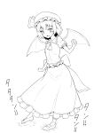  1girl ascot bat_wings bow commentary_request footwear_bow frilled_shirt frilled_skirt frills full_body greyscale hat hat_ribbon highres kakone looking_at_viewer mob_cap monochrome open_mouth remilia_scarlet ribbon shirt shoes short_hair short_sleeves skirt slit_pupils solo touhou wings 