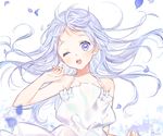  ;o artist_name bad_id bad_pixiv_id bangs blue_eyes blue_hair blue_nails dress halterneck long_hair looking_at_viewer marin_(myuy_3) nail_polish one_eye_closed original petals solo sundress upper_body white_dress 