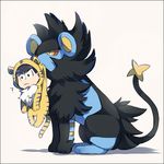  :3 ? animal_costume animal_print bad_id bad_pixiv_id black_border black_hair blue_eyes border bowl_cut chibi confused crossover fang fang_out full_body gen_4_pokemon kurosawa_kazuto looking_at_viewer luxray matsuno_karamatsu mouth_hold osomatsu-kun osomatsu-san pokemon pokemon_(creature) simple_background tiger_costume tiger_print v-shaped_eyebrows 