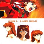  1990s_(style) absurdres blue_eyes blush breasts brown_hair eva_02 hair_ornament highres long_hair looking_at_viewer mecha neon_genesis_evangelion nude official_art plugsuit reference_sheet retro_artstyle robot scan souryuu_asuka_langley twintails 