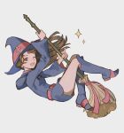  1girl absurdres boots broom broom_riding brown_eyes brown_hair diamond_(shape) dress english_commentary floating_hair grey_background hat highres holding holding_broom kagari_atsuko knee_boots little_witch_academia long_hair looking_to_the_side luna_nova_school_uniform one_eye_closed open_mouth purple_dress purple_footwear purple_hat red_ribbon ribbon school_uniform simple_background solo teeth upper_teeth_only witch witch_hat wonemie 